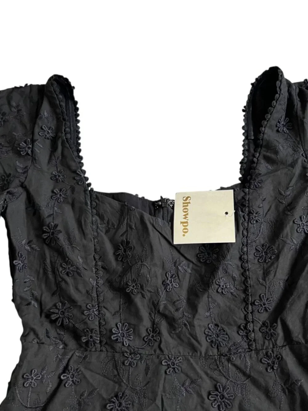 Showpo dress Fancy A Spritz Mini Square Neck Black Embroidery size 4 short - Picture 3 of 4